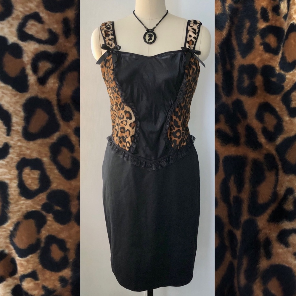 Leopard-Panel Black Mini Dress with Bow Straps